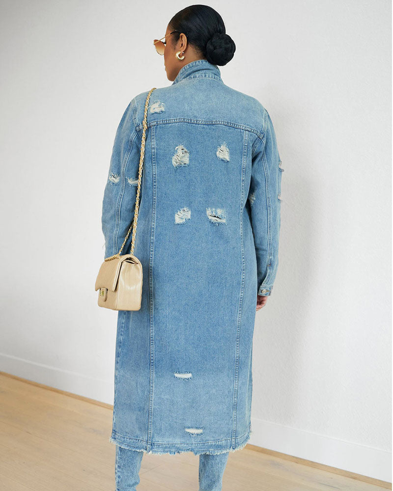 Distressed Long Denim Jacket