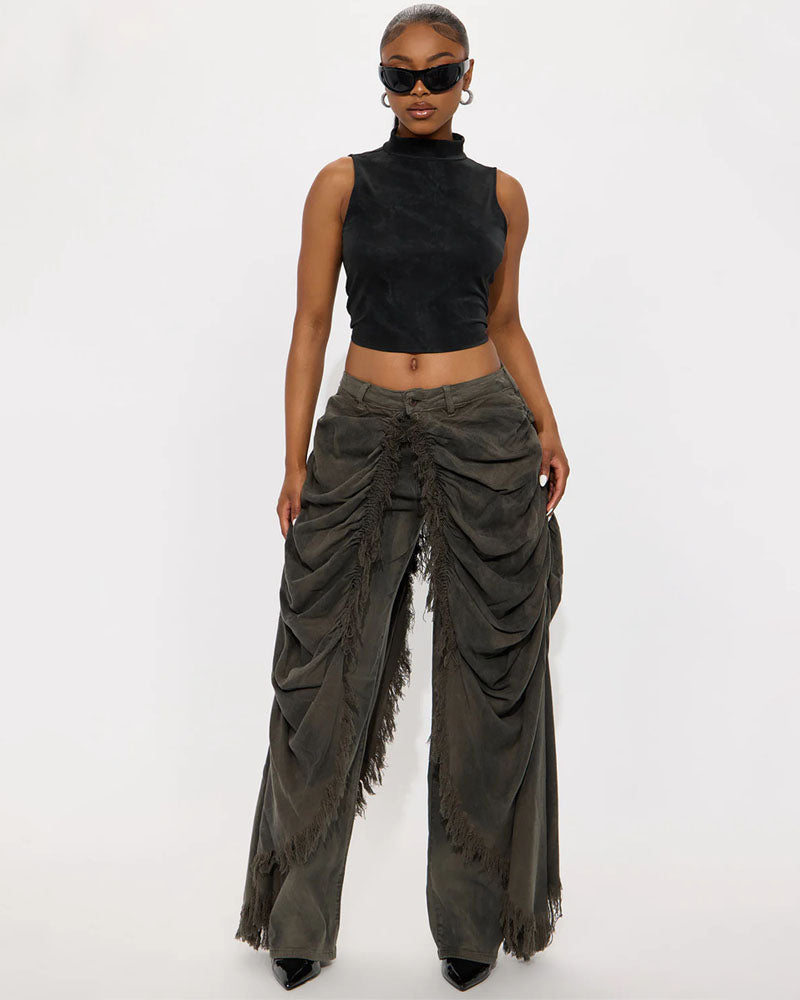 Distressed Overlay Fringe Draped Jeans