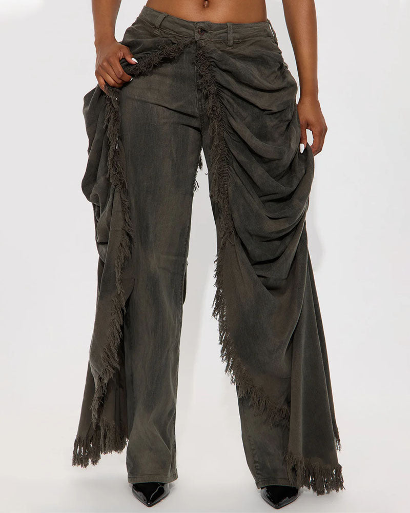 Distressed Overlay Fringe Draped Jeans