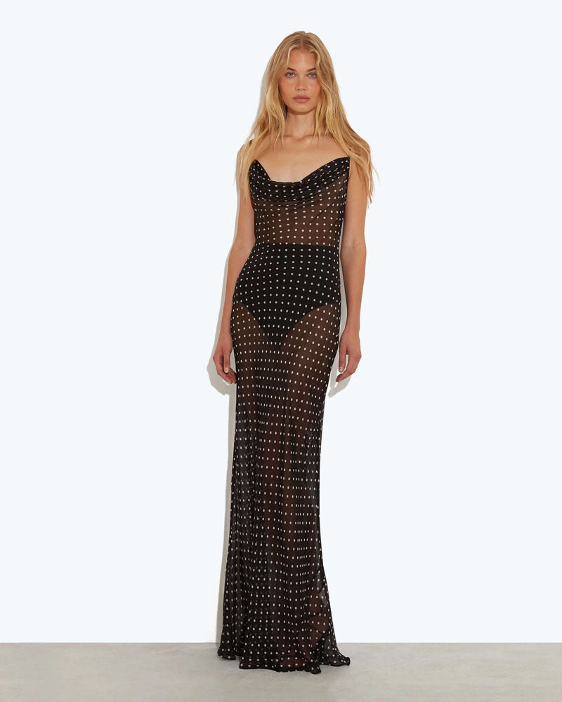 Dot Veil Mesh Halter Maxi Dress
