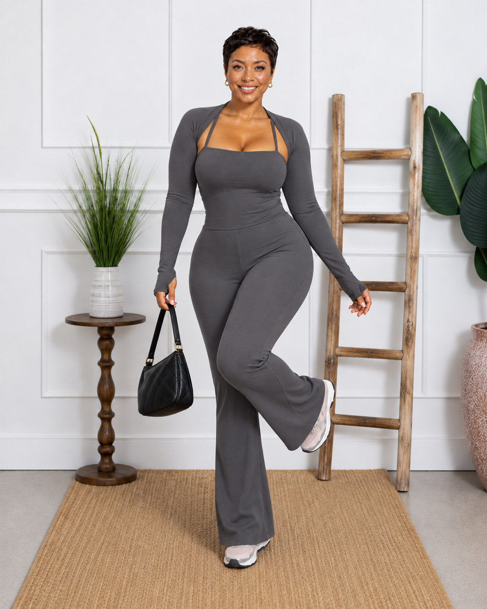 Double Take Halter Flare Jumpsuit Set