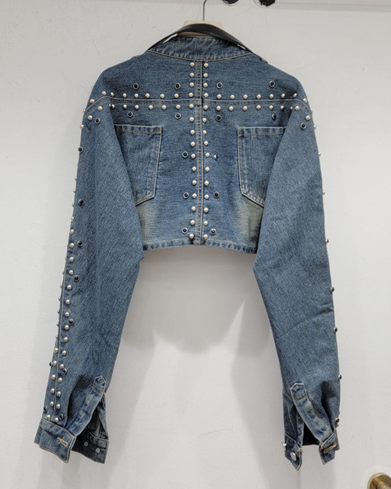 Belted up Stud Denim Crop Jacket