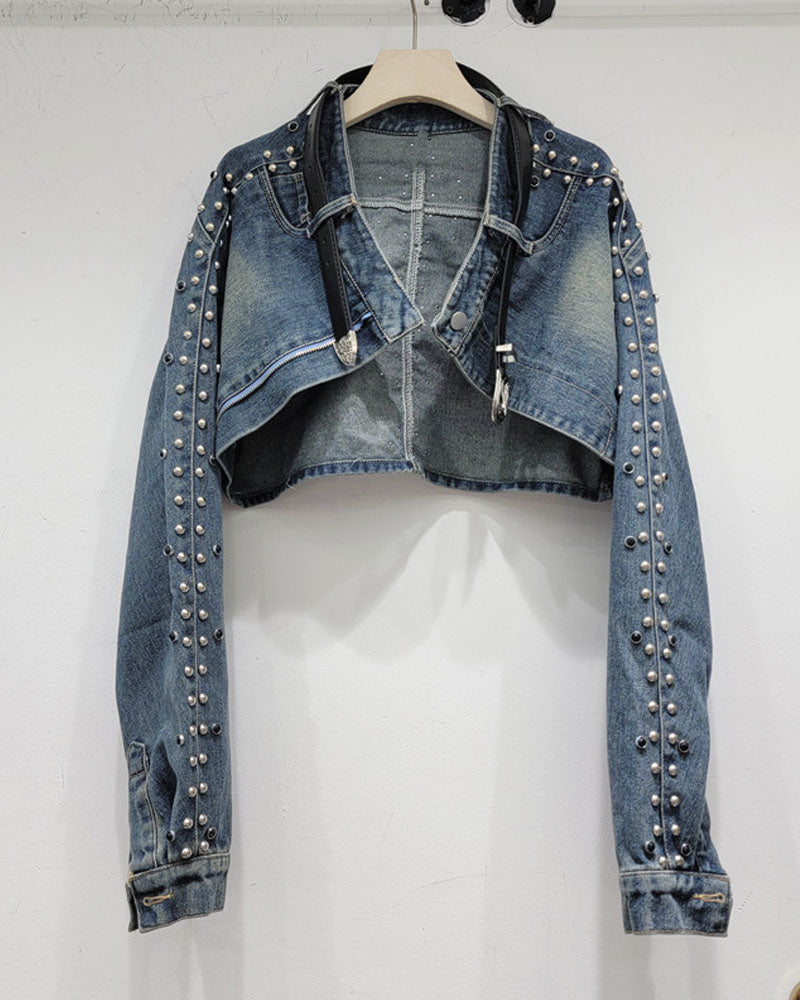 Belted up Stud Denim Crop Jacket