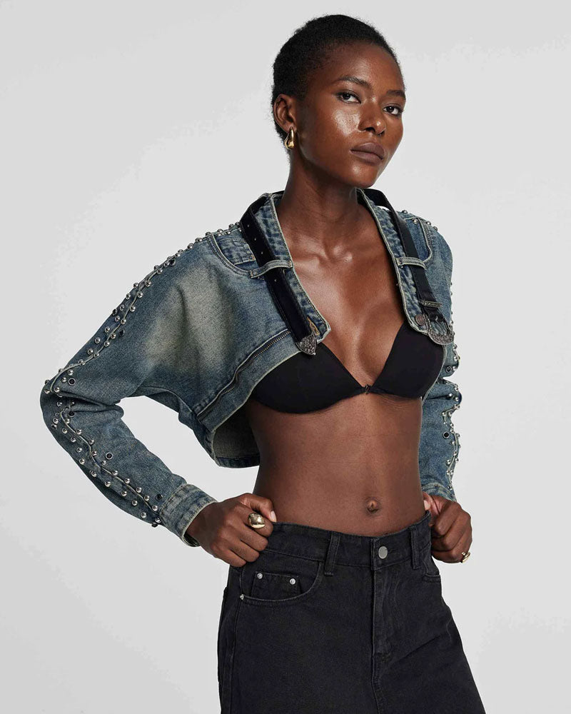 Belted up Stud Denim Crop Jacket