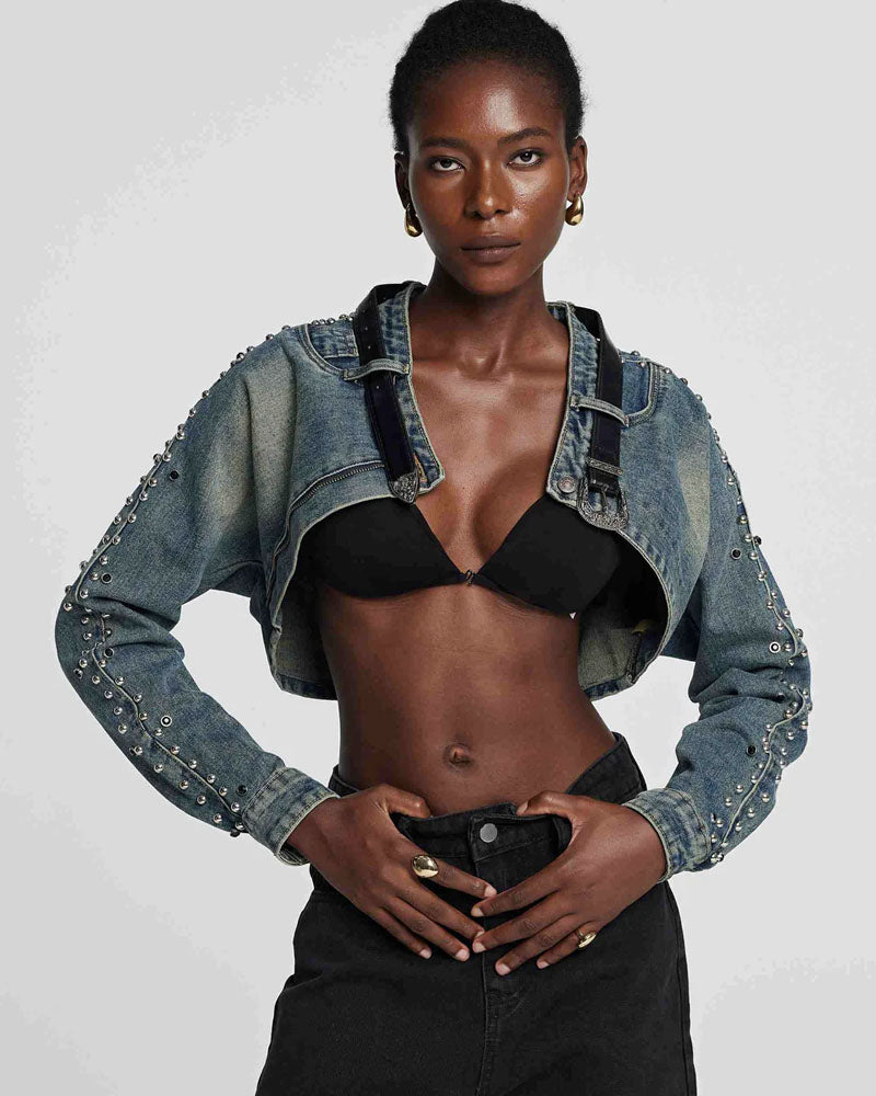 Belted up Stud Denim Crop Jacket