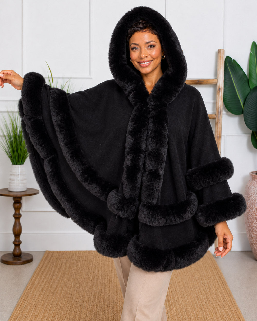 Faux Fur Trim Hooded Cape Poncho