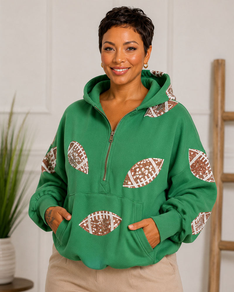 Game Day Sequin Football Half-Zip Hoodie