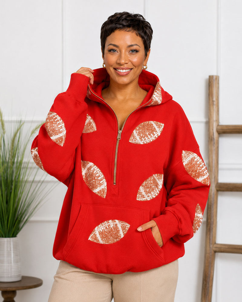 Game Day Sequin Football Half-Zip Hoodie