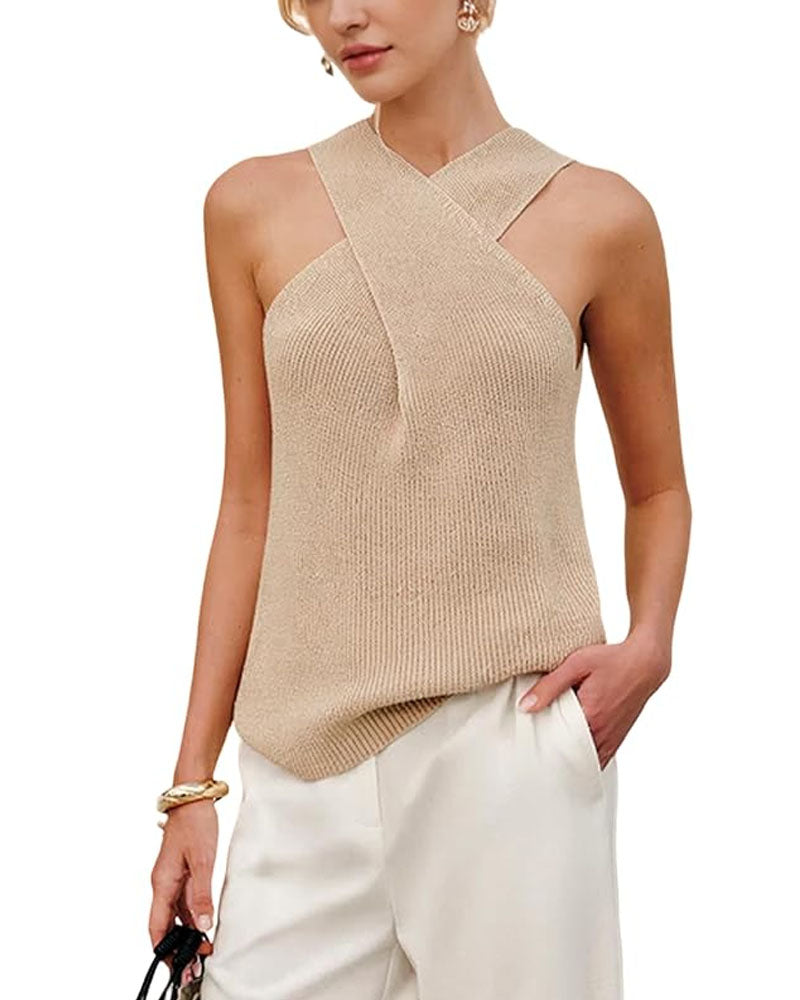 Halter Cross Over Collar Knit Tank