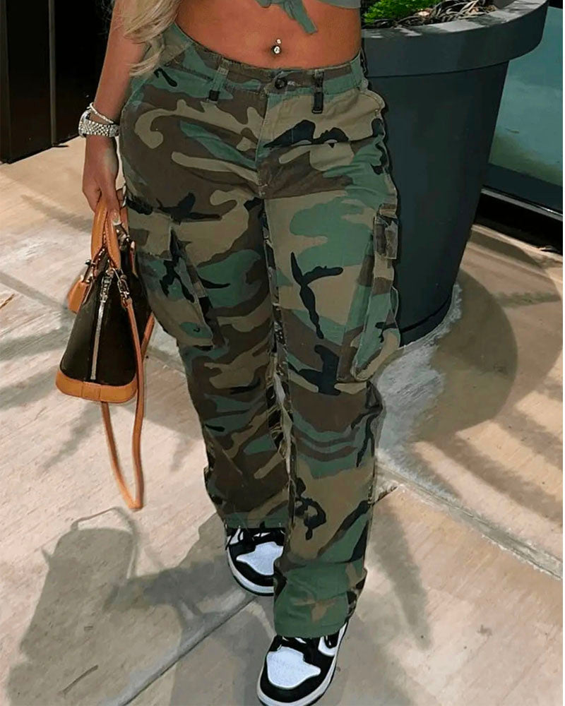 High Waisted Camo Cargo Pants
