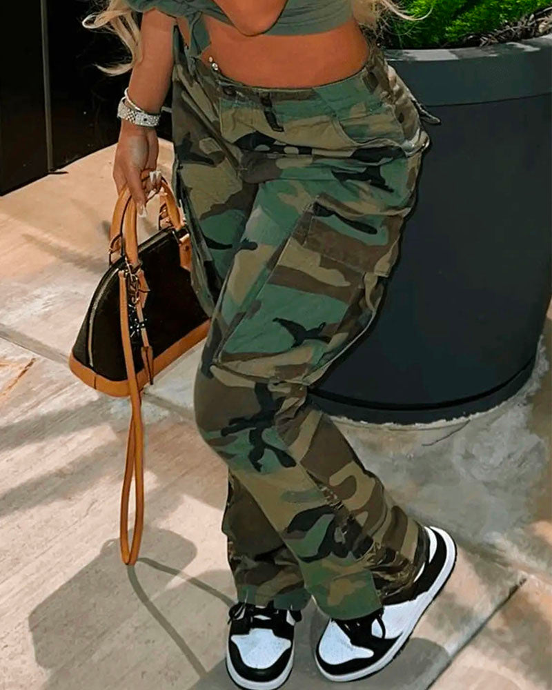 High Waisted Camo Cargo Pants