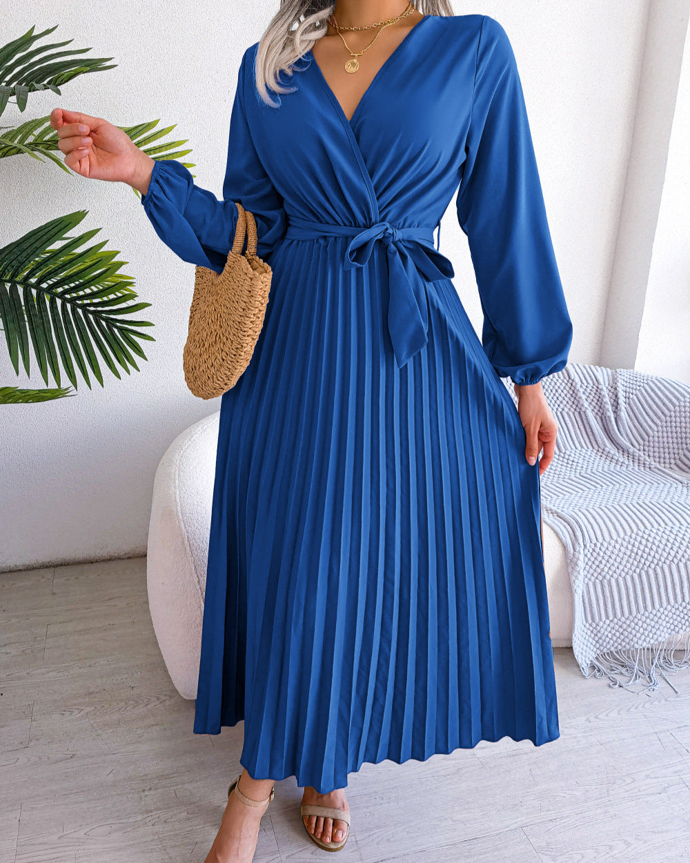 Deep V-Neck Pleated Dress