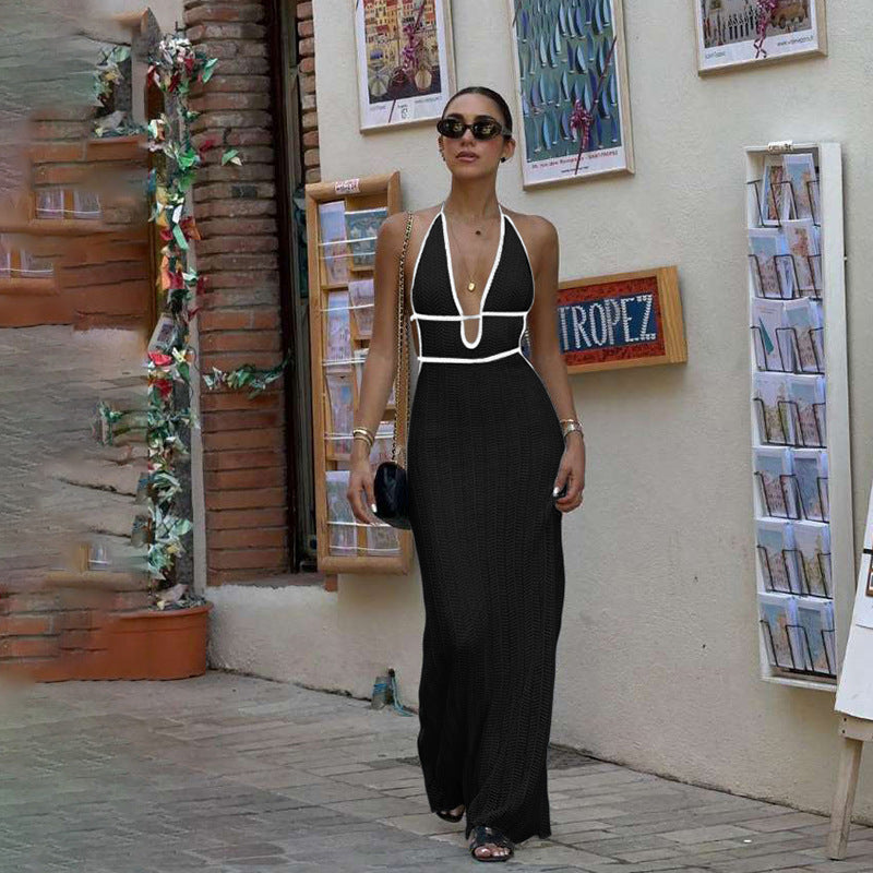 Sheer Crochet Knit Halter Maxi Dress