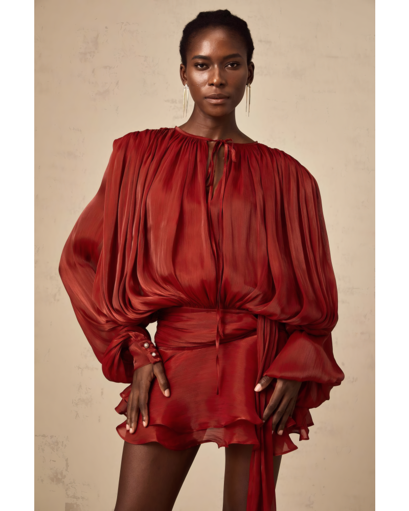 PADDED SHOULDER MINI RUFFLE DRESS