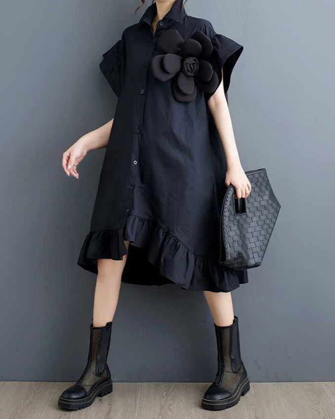 Collared Plain Flower Shirt Dress