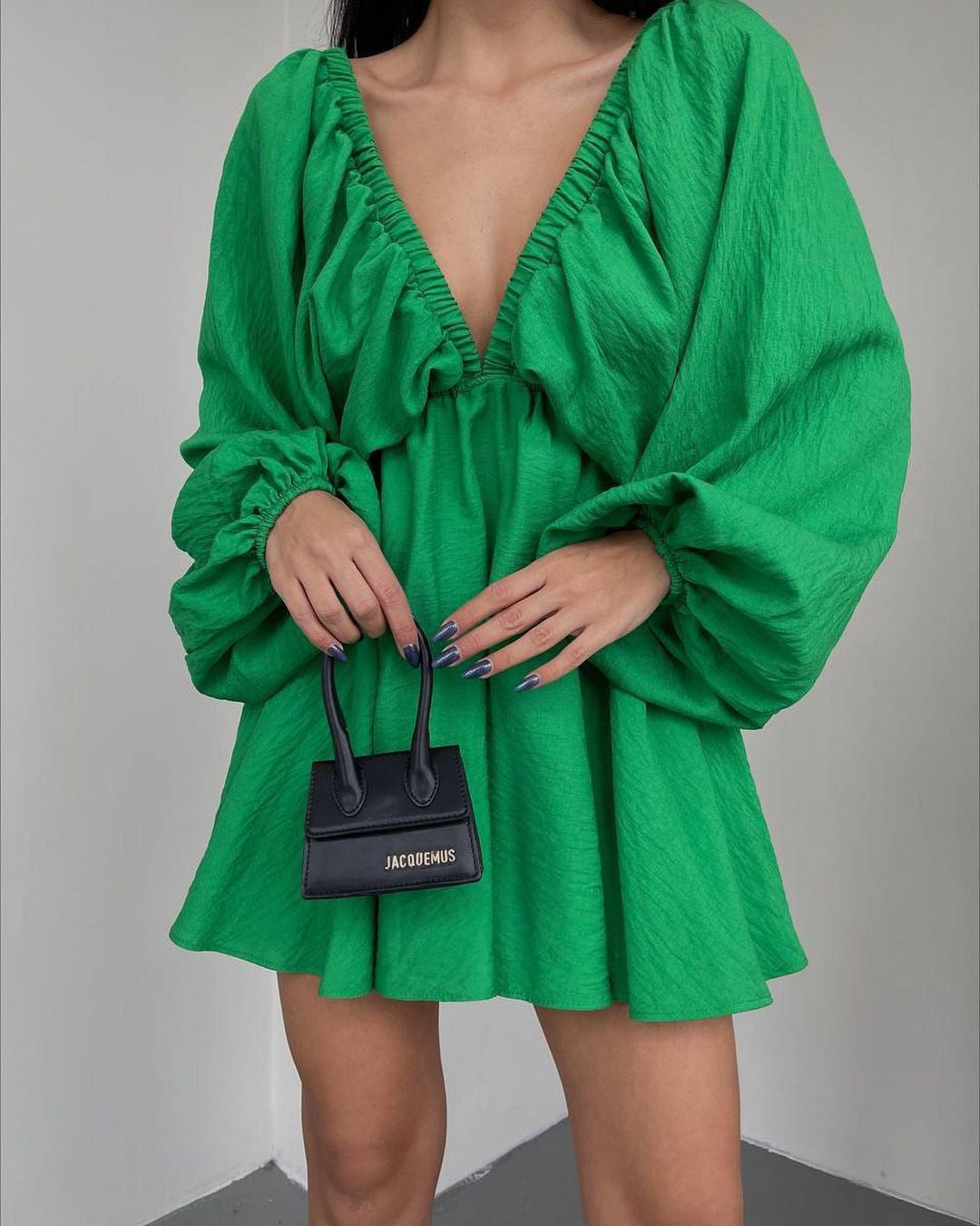 Deep V Neck Balloon Sleeves Dress