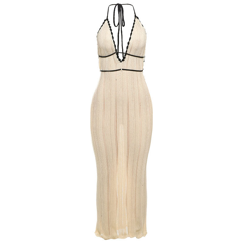 Sheer Crochet Knit Halter Maxi Dress