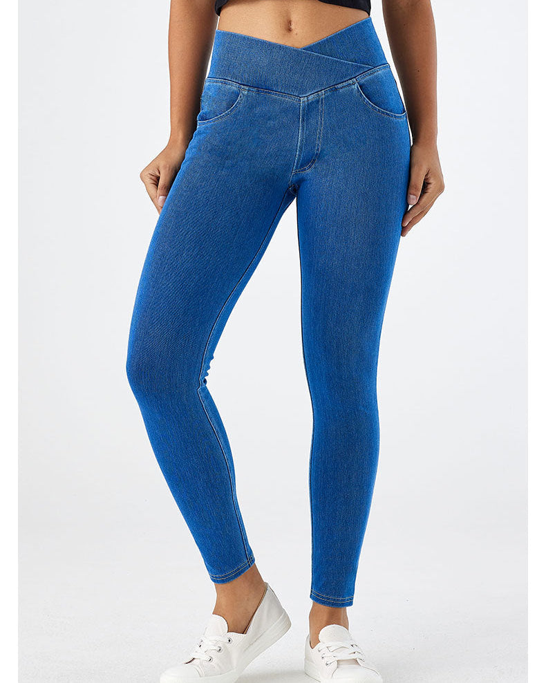 Crossover Denim Side Pockets Sculpting Leggings