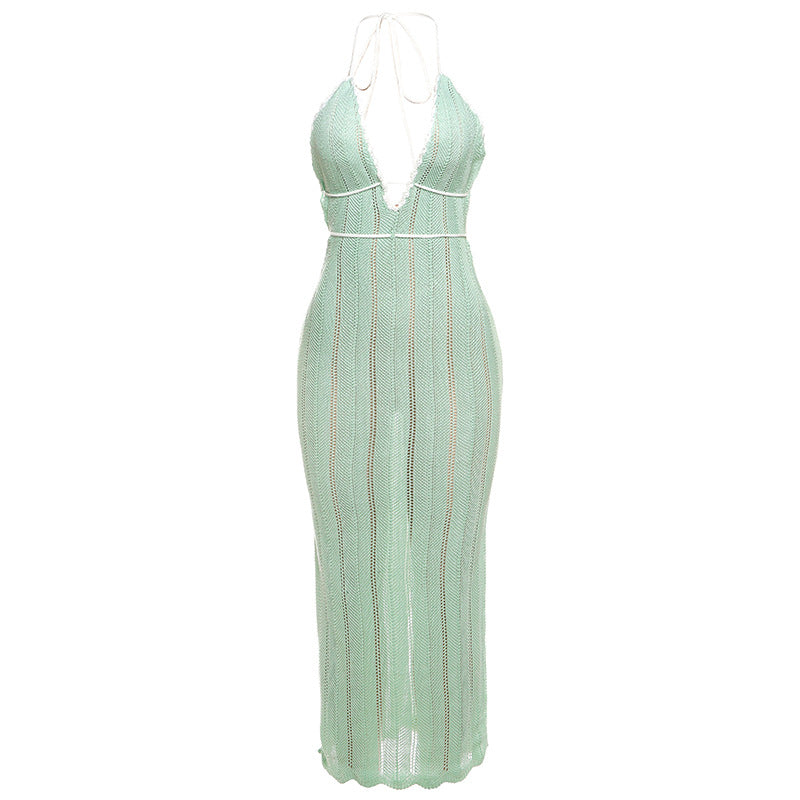 Sheer Crochet Knit Halter Maxi Dress