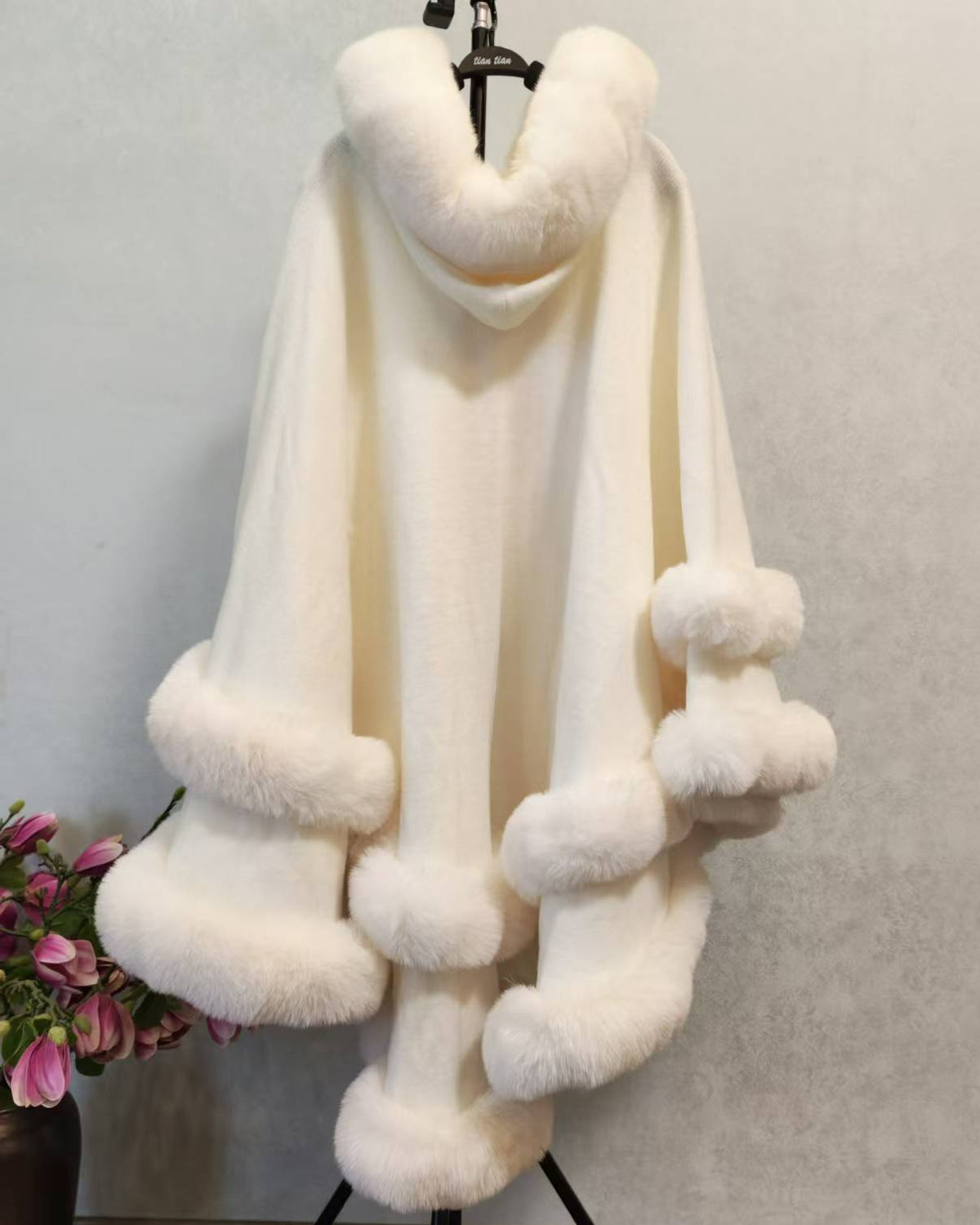 Faux Fur Trim Hooded Cape Poncho