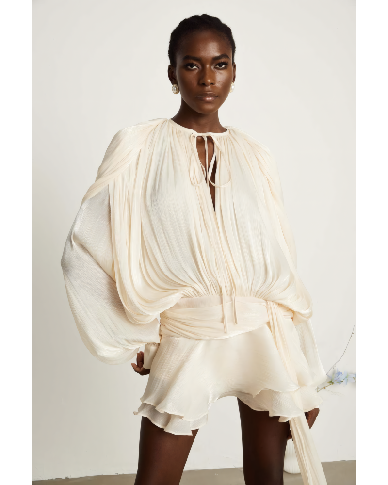 PADDED SHOULDER MINI RUFFLE DRESS