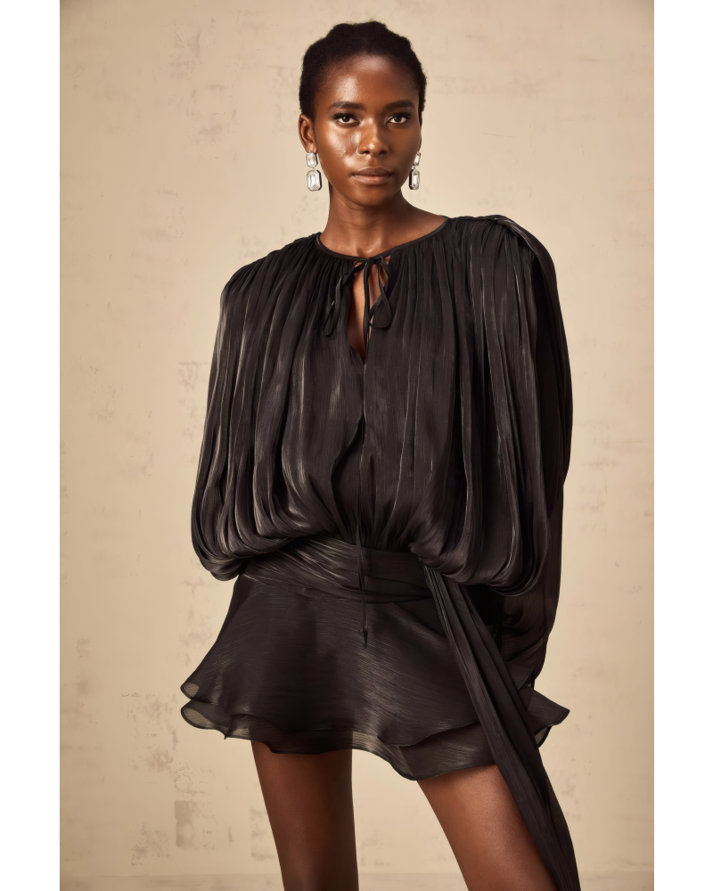 PADDED SHOULDER MINI RUFFLE DRESS