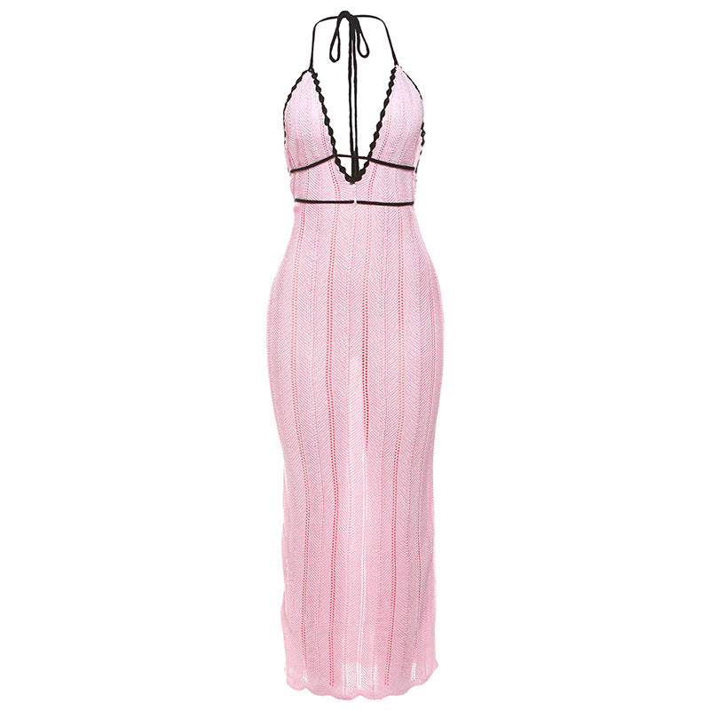 Sheer Crochet Knit Halter Maxi Dress