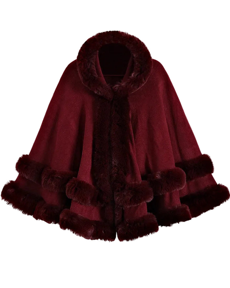 Faux Fur Trim Hooded Cape Poncho