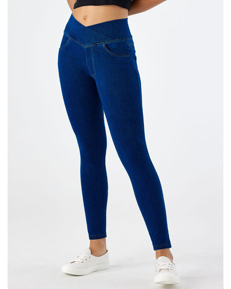 Crossover Denim Side Pockets Sculpting Leggings
