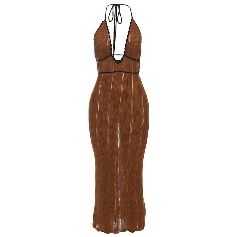 Sheer Crochet Knit Halter Maxi Dress