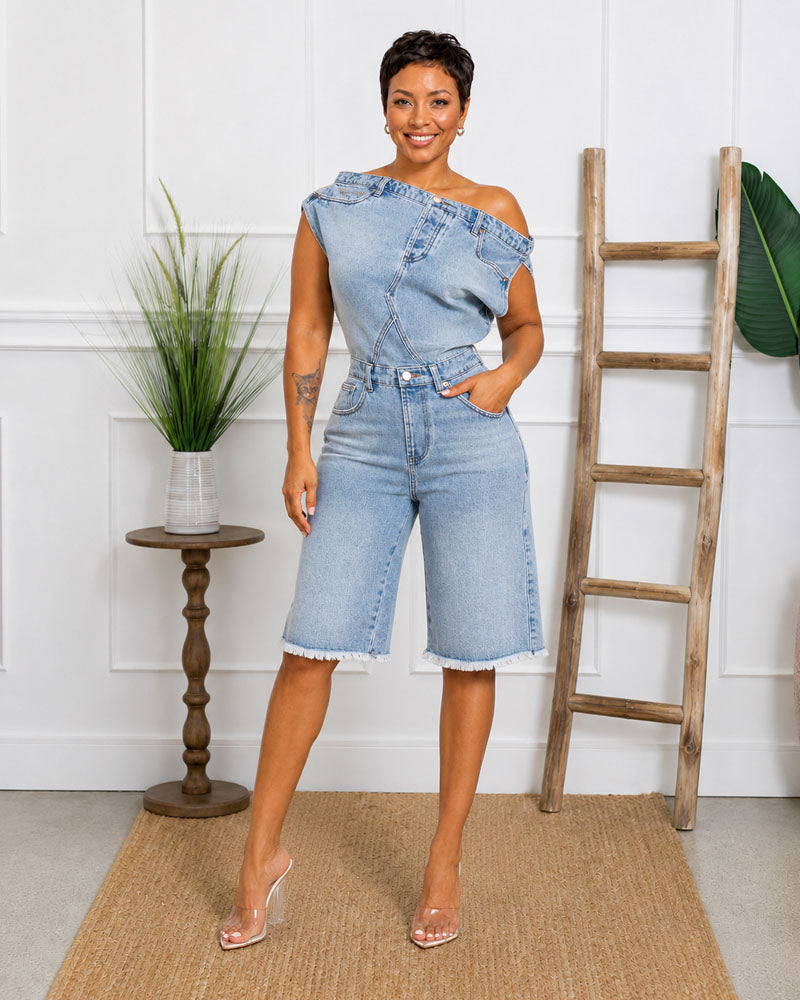 Off Script Denim Jort Romper