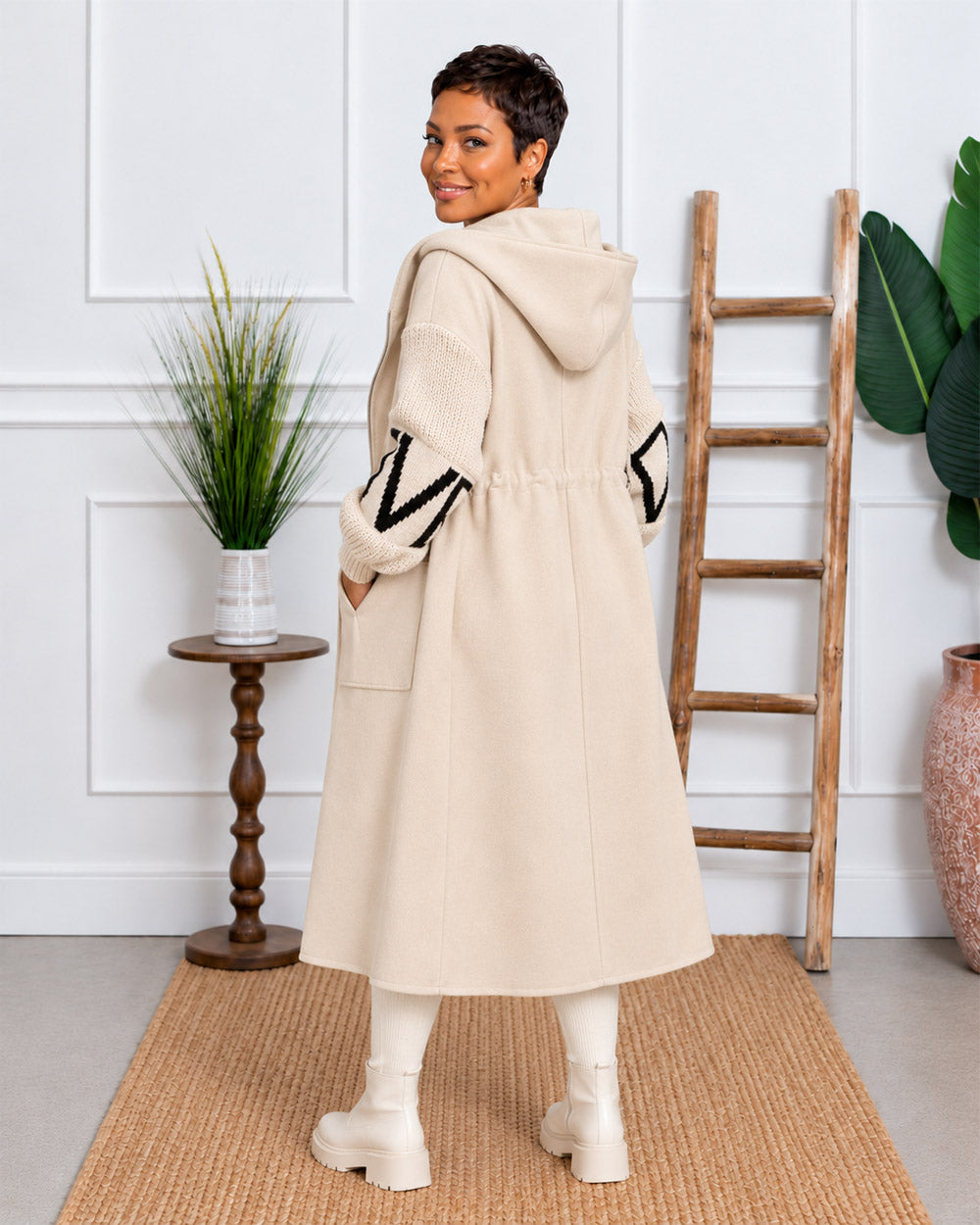 Plot Twist Knit-Sleeve Hooded Coat
