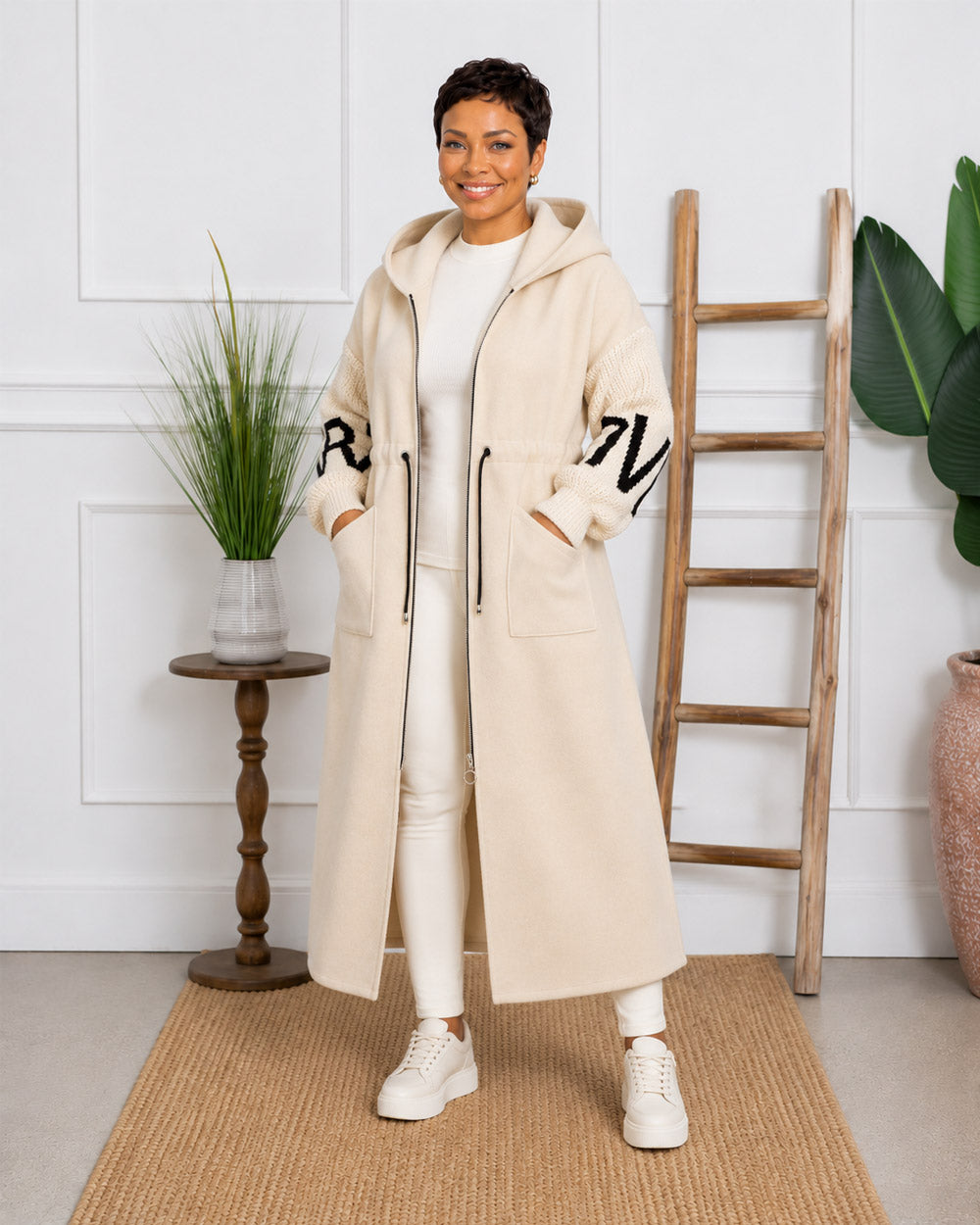 Plot Twist Knit-Sleeve Hooded Coat