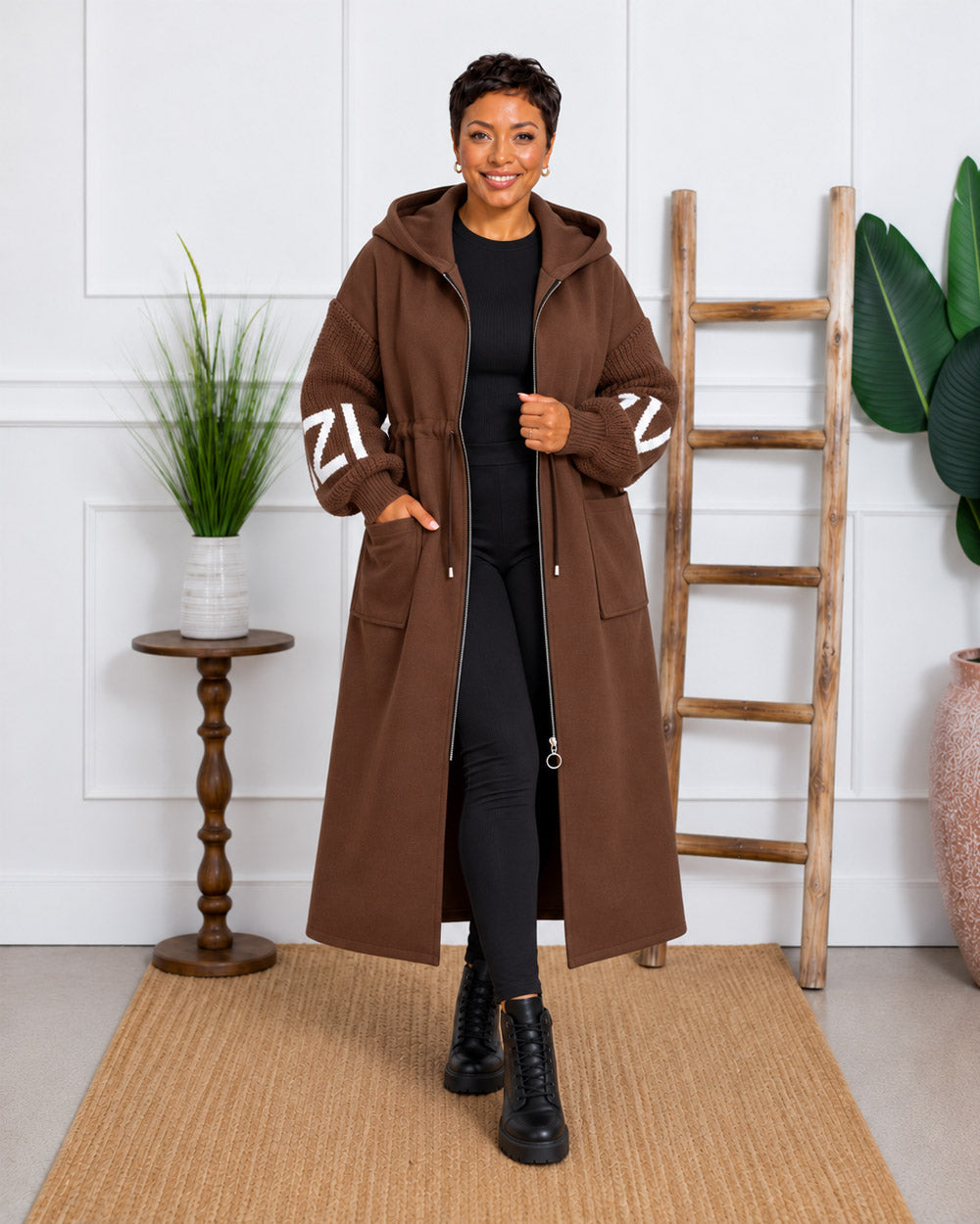Plot Twist Knit-Sleeve Hooded Coat