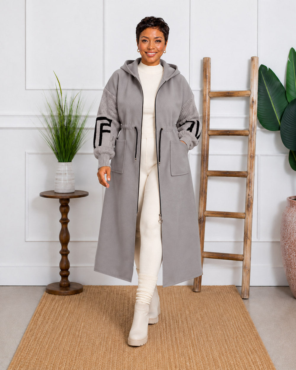 Plot Twist Knit-Sleeve Hooded Coat