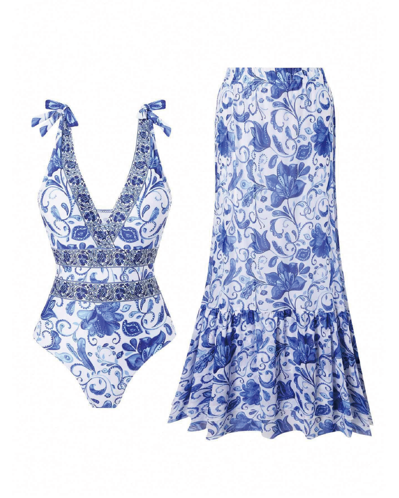 V Neck Printed One Piece Swimsuit & Skirt