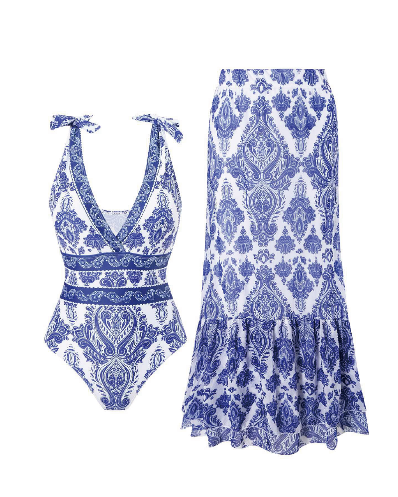 V Neck Printed One Piece Swimsuit & Skirt