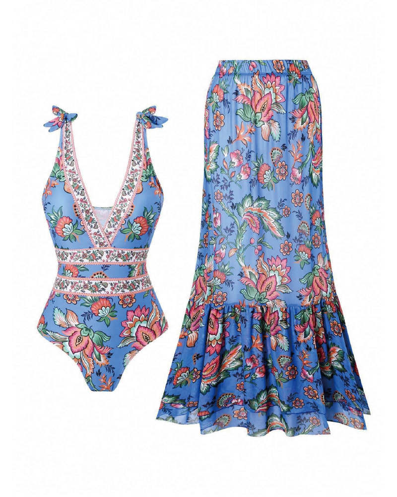 V Neck Printed One Piece Swimsuit & Skirt