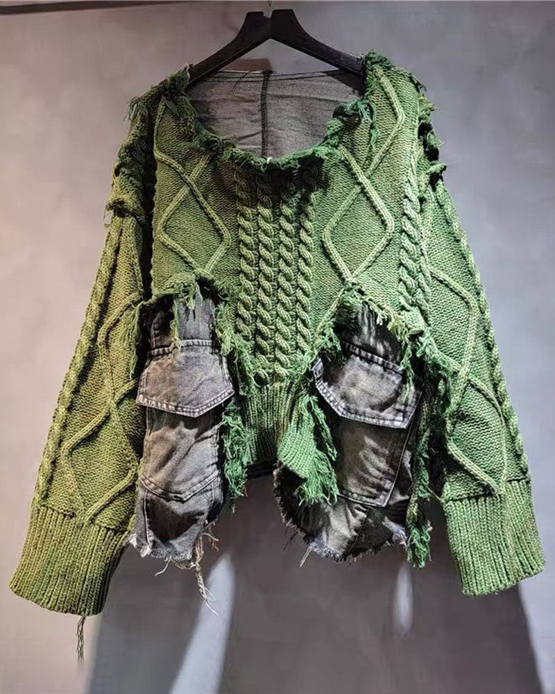 Retro Denim Patchwork Sweater