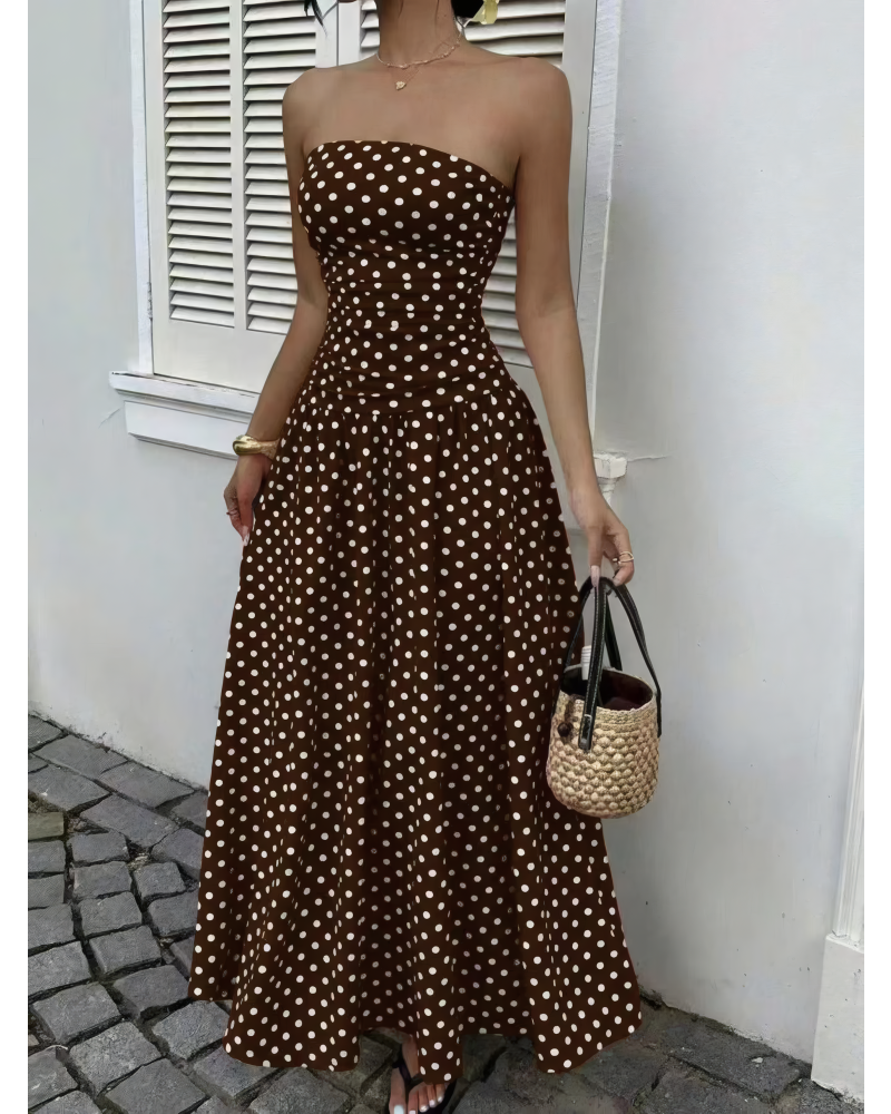 Crimson Dot Strapless Maxi Dress