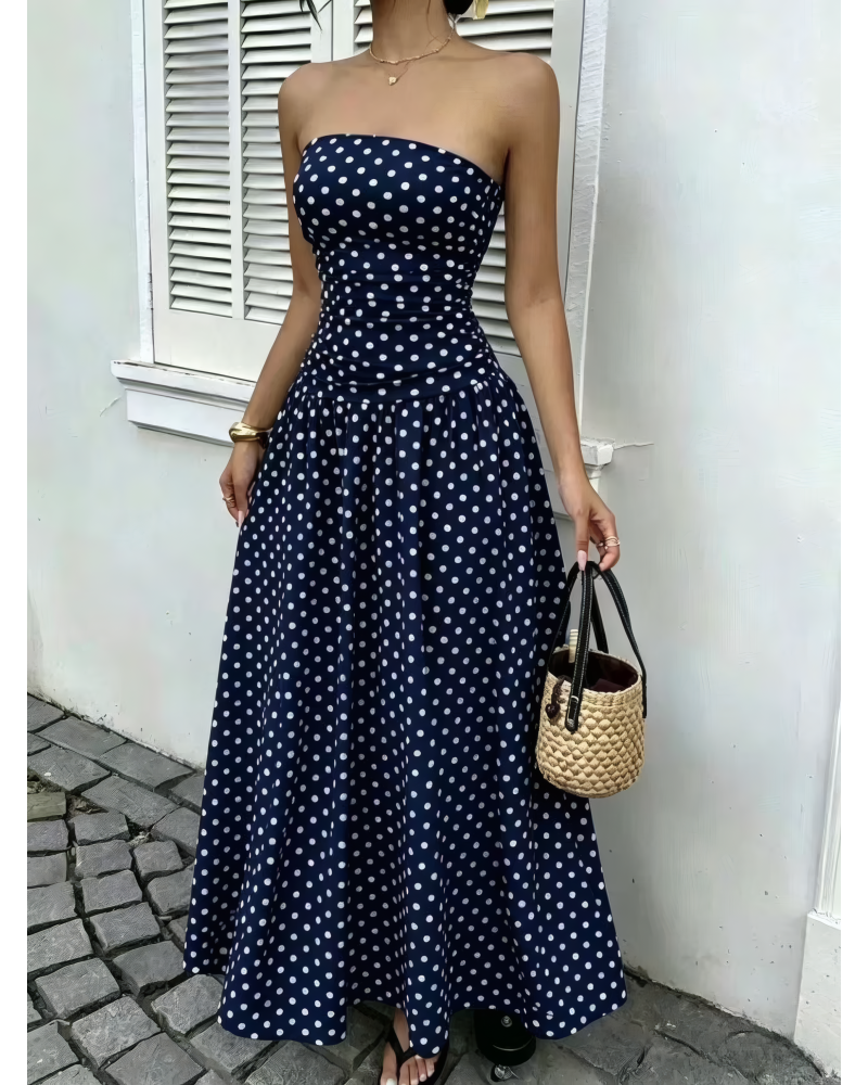Crimson Dot Strapless Maxi Dress
