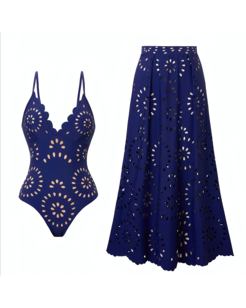 Flower Hollow One Piece Swimsuit and Skirt
