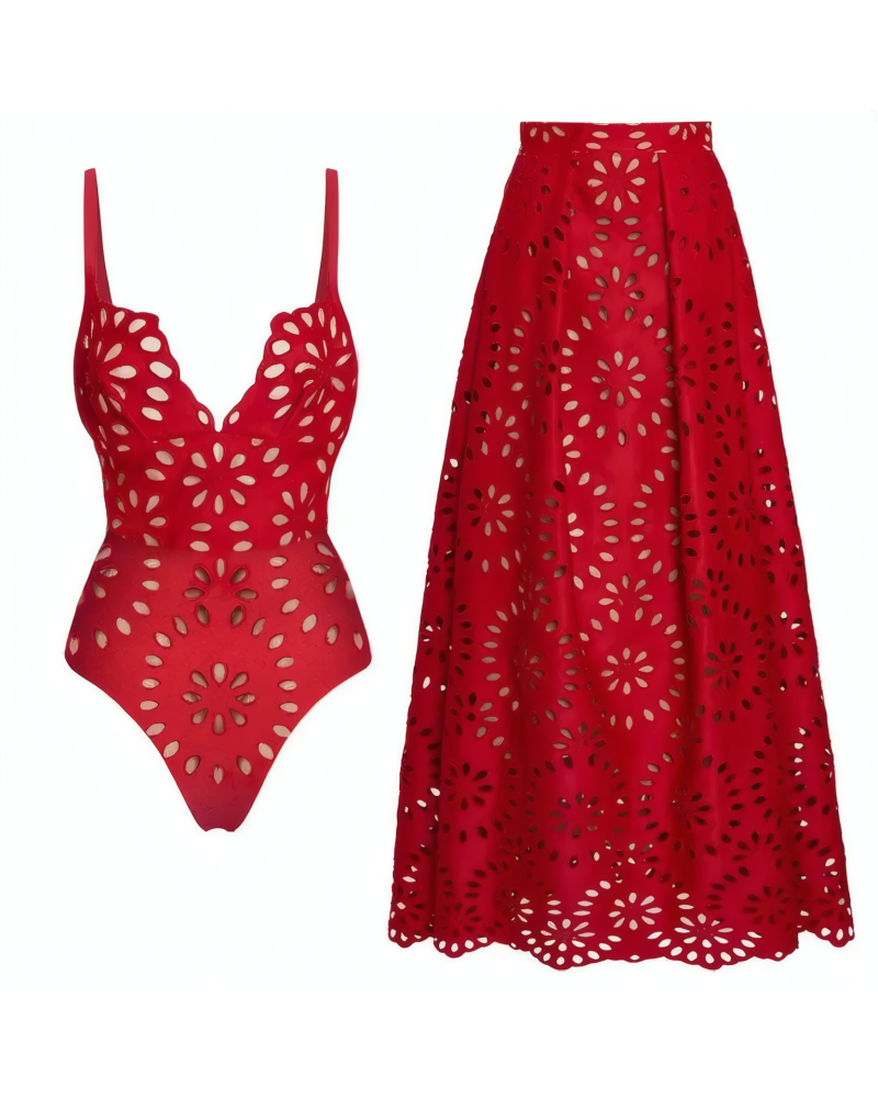 Flower Hollow One Piece Swimsuit and Skirt