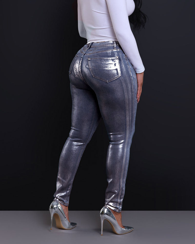 She's Glowing Metallic Foil Skinny Jeans
