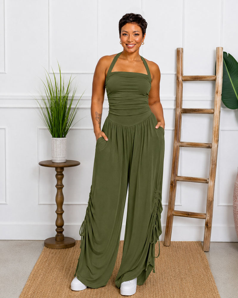 Side Cinch Halter Wide-Leg Jumpsuit