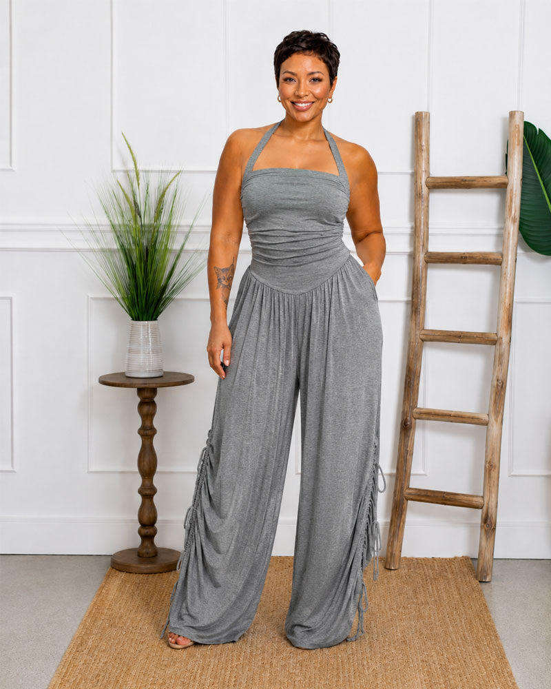 Side Cinch Halter Wide-Leg Jumpsuit
