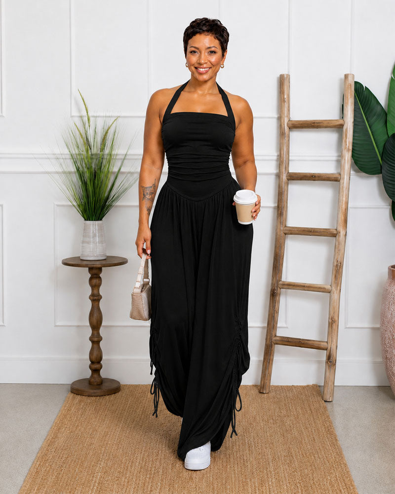 Side Cinch Halter Wide-Leg Jumpsuit