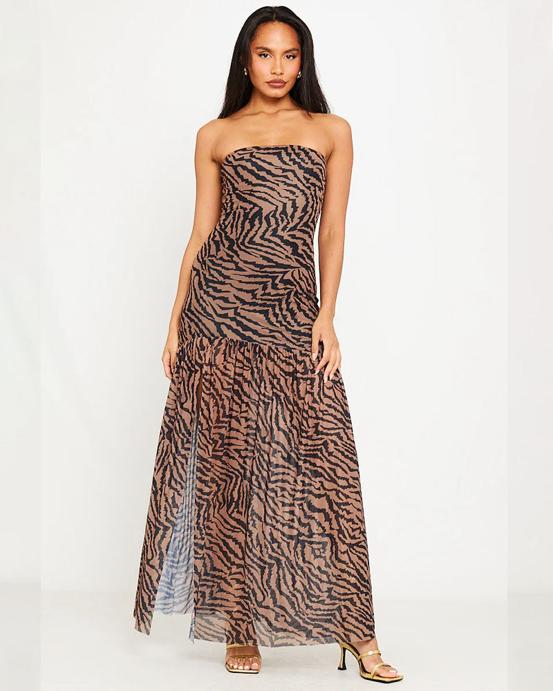 Brown Tiger Print Sheer Strapless Maxi Dress