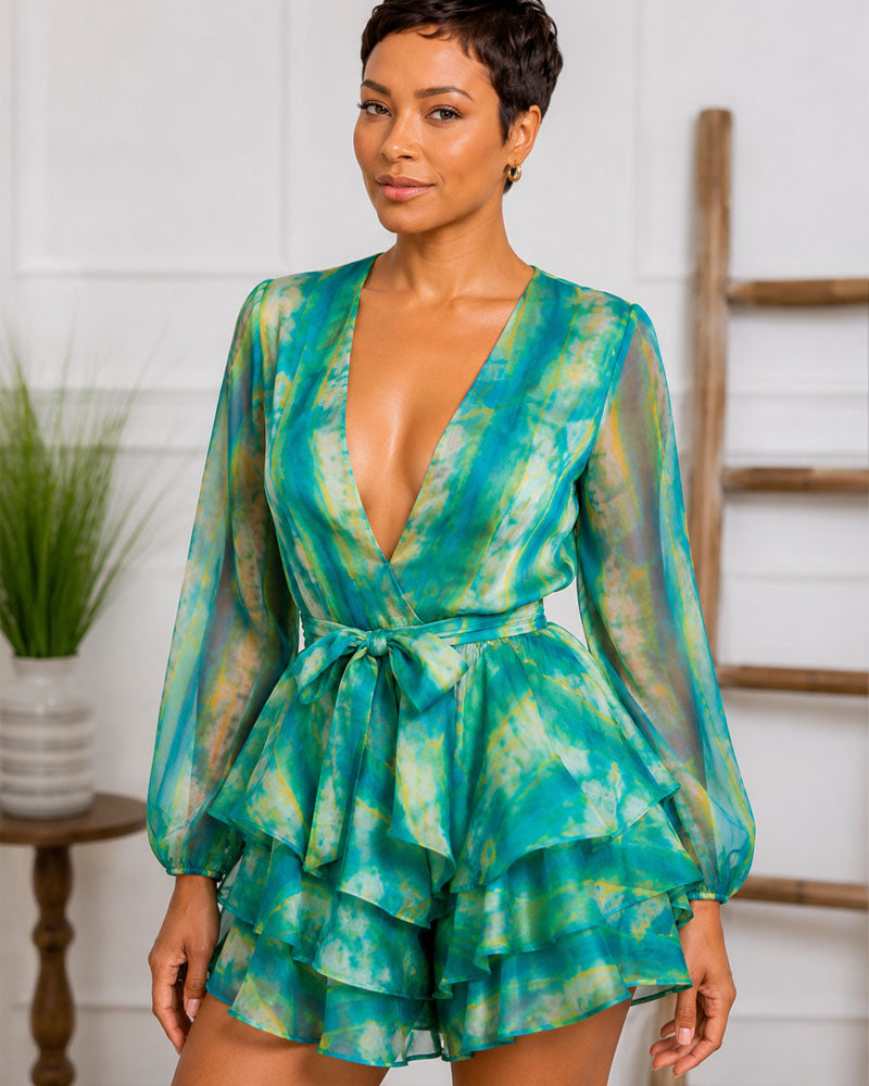 Verdant Dream Tie Waist Ruffle Dress