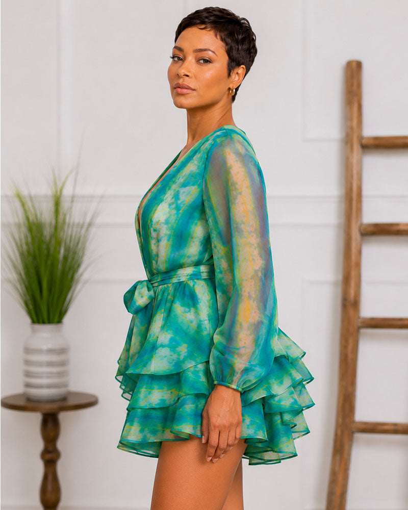 Verdant Dream Tie Waist Ruffle Dress